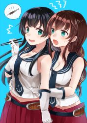 10s 2girls ^^^ agano_(kancolle) aqua_eyes black_hair blue_background blush braid breasts brown_hair chopsticks cleavage fish gloves grabbing_from_behind hand_up hands_on_another&#039;s_stomach kantai_collection large_breasts long_hair looking_at_another midriff multiple_girls noshiro_(kancolle) open_mouth pleated_skirt saury school_uniform serafuku simple_background single_braid skirt sleeveless speech_bubble sweatdrop white_gloves yuna_(yukiyuna)