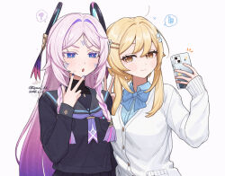 2girls ? alternate_costume black_serafuku black_shirt blonde_hair blue_bow blue_bowtie blue_necktie blue_shirt bow bowtie braid cardigan cellphone citlali_(genshin_impact) collared_shirt commentary_request dated facial_mark floating_headgear forehead_mark genshin_impact headgear holding holding_phone long_sleeves looking_at_viewer lumine_(genshin_impact) multiple_girls nail_polish neckerchief necktie parted_bangs parted_lips phone pink_hair purple_nails purple_neckerchief q_(oshikuraq) ring_hair_ornament school_uniform serafuku shirt short_hair_with_long_locks side_braids sidelocks simple_background smartphone smile spoken_emoji spoken_question_mark triangle triangle_facial_mark turtleneck twin_braids twitter_username upper_body w white_background white_cardigan