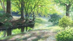 Rule 34 | bare tree, bush, commentary, day, forest, highres, nature, no humans, original, outdoors, reflection, reflective water, sawitou mizuki, scenery, stream, symbol-only commentary, tree, water