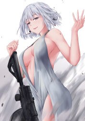1girl ashes breasts dress drum_magazine female_focus from_below girls&#039;_frontline gun highres large_breasts light_machine_gun looking_at_viewer machine_gun magazine_(weapon) open_clothes open_dress purple_eyes rpk rpk-16 rpk-16_(girls&#039;_frontline) sam_desu short_hair silver_dress smile snow solo weapon white_background white_hair