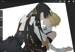 2girls art_program_in_frame astra_yao black_dress black_hair blonde_hair blush collared_shirt dress earrings evelyn_chevalier hair_bun highres jewelry long_hair long_sleeves mii_(mii_10297) multiple_girls parted_lips shirt smile sweatdrop white_background white_shirt yuri zenless_zone_zero
