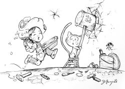 Rule 34 | 1girl, 1other, armband, boxcutter, bucket, carrot (pepper&amp;carrot), center frills, checkered armband, checkered clothes, checkered leg warmers, closed eyes, collared shirt, crack, cracked wall, david revoy, frilled shirt, frills, full body, greyscale, hammer, hat, highres, ladder, leg warmers, long sleeves, miniskirt, monochrome, open mouth, paintbrush, patch, pepper&amp;carrot, pepper (pepper&amp;carrot), roller brush, screw, screwdriver, shirt, shoelaces, shoes, skirt, stain, trim brush, vest, witch hat
