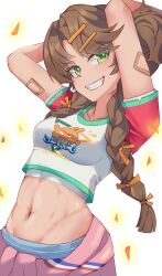 1girl abs akaruii_31 arm_up arms_behind_head braid breasts brown_hair clothes_around_waist double_bun gauze gauze_on_arm green_eyes grin groin hair_bun hair_ornament hairclip hands_up highres impossible_clothes impossible_shirt long_hair looking_at_viewer medium_breasts midriff navel reverse:1999 shirt short_sleeves smile solo spathodea_(reverse:1999) t-shirt teeth twin_braids upper_body white_background white_shirt