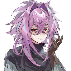 1boy black_capelet brown_gloves capelet chinese_commentary commentary_request crossed_bangs gloves grey_shirt hair_between_eyes hair_intakes hand_up highres jiangong_zhuosi_hua_tongren long_sleeves male_focus nijou_ryuu patchwork_skin pink_hair portrait red_eyes saibou_shinkyoku shirt short_hair_with_long_locks simple_background smile solo uneven_eyes variant_set white_background