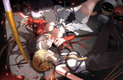 2girls ;) absurdres astra_yao bangboo_(zenless_zone_zero) black_gloves black_hair black_pants blonde_hair breasts cd cleavage commentary_request dress evelyn_chevalier gloves highres jacket large_breasts long_hair lying mole mole_under_eye multiple_girls necktie on_back on_floor one_eye_closed pants purple_eyes red_eyes red_jacket shirt short_hair smile white_dress white_shirt yellow_necktie yoruta_(yossy_puyo_holo) zenless_zone_zero