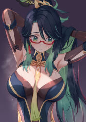 1girl armpits between_breasts black_hair bodystocking breasts colored_inner_hair earrings genshin_impact glasses green_eyes green_hair hair_ornament hairpin hands_in_own_hair highres jewelry kangbus large_breasts long_hair multicolored_hair ponytail red-framed_eyewear sweat tassel tassel_earrings xianyun_(genshin_impact)