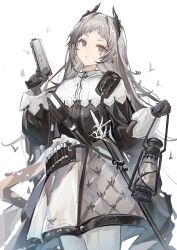 1girl absurdres ammunition arknights black_jacket capelet chinese_commentary commentary cowboy_shot cross_scar gloves grey_eyes grey_hair gun handgun head_wings highres holding holding_gun holding_lantern holding_weapon irene_(arknights) jacket lantern long_hair pantyhose patterned_clothing reach_far_away_(viuooczy) scabbard scar scar_across_eye scar_on_face sheath sheathed shoulder_strap simple_bird skirt solo weapon white_background white_capelet white_pantyhose white_sleeve_cuffs wings