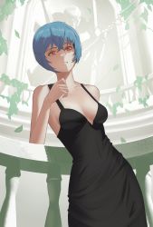 1girl absurdres alternate_costume ayanami_rei bad_id bad_twitter_id bident black_dress blue_hair breasts cleavage collarbone dress eva_00 hair_between_eyes head_tilt highres leaf lem looking_at_viewer medium_breasts neon_genesis_evangelion parted_lips polearm red_eyes short_hair solo statue