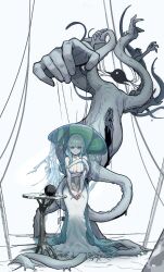 Rule 34 | 1girl, absurdres, aqua dress, aqua eyes, breasts, cleavage, commentary, dress, eldritch abomination, english commentary, full body, grey hair, highres, large breasts, long hair, mole, mole on breast, monster, navel, original, own hands together, rusellunt, simple background, sitting, table, white background