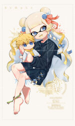 1girl anklet artist_name barefoot blonde_hair blue_bow blue_eyes blue_flower blue_neckerchief blue_ribbon blue_sailor_collar blue_serafuku blue_shirt blue_skirt blunt_bangs bow colored_tongue commentary commission cross-laced_clothes cross-laced_skirt double_bun flower full_body hair_bow hair_bun hair_flower hair_ornament hair_ribbon highres holding holding_stuffed_toy inkling inkling_girl inkling_player_character invisible_chair jewelry jinkoika long_hair long_sleeves neckerchief nintendo open_mouth pleated_skirt pointy_ears red_ribbon ribbon sailor_collar sample_watermark school_uniform serafuku shirt sidelocks sitting skirt smile solo splatoon_(series) stuffed_toy symbol-only_commentary teeth tentacle_hair upper_teeth_only very_long_hair watermark yellow_tongue