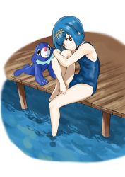 1girl bare_arms bare_shoulders barefoot black_eyes blue_hair bright_pupils closed_mouth dock gen_7_pokemon hairband head_on_knee head_rest head_tilt highres hugging_own_legs knee_up kurosu_gatari lana_(pokemon) looking_at_viewer looking_to_the_side nintendo one-piece_swimsuit pokemon pokemon_(creature) pokemon_sm popplio school_swimsuit short_hair sitting smile soaking_feet swimsuit trial_captain water white_pupils