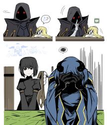 2boys 2girls 2others absurdres asdf1211950 baphomet_(black_souls) black_eyes black_hair black_skin black_souls blue_cloak character_request cloak colored_skin hands_up hein_(black_souls) highres horns juliet_sleeves lindamea_(black_souls) long_sleeves miranda_(black_souls) multiple_boys multiple_girls multiple_others puffy_sleeves short_hair simple_background sweat white_background wide_sleeves