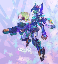Rule 34 | armor, artist name, blue armor, blue helmet, character name, commentary request, conch (gundam), cosplay, full body, gfred, gfred (cosplay), gun, gundam, gundam gquuuuuux, helmet, holding, holding gun, holding weapon, nakayama tooru, rifle, solo, solo focus, twitter username, watermark, weapon