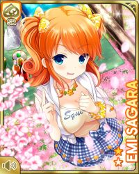 1girl blue_eyes blue_skirt bow breasts character_name checkered_clothes checkered_skirt day english_text girlfriend_(kari) hair_bow jacket jewelry looking_at_viewer medium_hair official_art open_mouth orange_hair orange_shirt outdoors park qp:flapper sagara_emi wrist_scrunchie shirt skirt smile solo tagme tree two_side_up white_jacket white_legwear yellow_bow yellow_shirt
