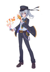 1girl absurdres alternate_costume bad_id bad_pixiv_id belt black_belt black_hat black_jacket black_pants black_shoes blazer blue_eyes chain commentary female_focus fire full_body green_necktie hair_between_eyes hand_up hat highres holding jacket lighter long_hair long_sleeves looking_at_viewer mononobe_no_futo mxr necktie pants peaked_cap ponytail shirt shoes silver_hair simple_background solo standing touhou white_background white_shirt