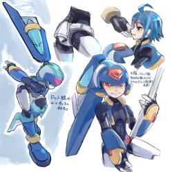 Rule 34 | 1boy, ahoge, armor, black bodysuit, blue armor, blue hair, blue helmet, blue jacket, bodysuit, commentary request, cropped jacket, facial mark, fins, forehead jewel, forehead mark, head fins, helmet, highres, holding, holding polearm, holding weapon, jacket, mega man (series), mega man zx, mega man zx advent, model l (mega man), multiple views, open clothes, open jacket, polearm, power armor, red eyes, robot ears, short hair, simple background, terotero00, thetis (mega man), translation request, weapon, white background