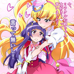 Rule 34 | &gt;:(, 2girls, annoyed, asahina mirai, blonde hair, blush, bow, cowboy shot, cure miracle, frown, gloves, hairband, hat, high ponytail, hug, hug from behind, izayoi liko, long hair, looking at another, magic school uniform (mahou girls precure!), magical girl, mahou girls precure!, mini hat, mini witch hat, multiple girls, nakahira guy, pink background, pink hat, pink skirt, plaid bow, ponytail, precure, purple eyes, purple hair, riko (mahou girls precure!), school uniform, skirt, smile, translation request, v-shaped eyebrows, white gloves, witch hat