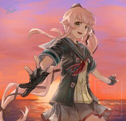 1girl black_gloves black_jacket cloud gloves gradient_sky grey_sailor_collar grey_skirt hair_flaps hair_ribbon highres jacket kantai_collection long_hair neck_ribbon orange_sky partially_fingerless_gloves pink_hair pleated_skirt ponytail protected_link red_ribbon ribbon sailor_collar short_sleeves skirt sky smile solo star_ukmgr sunset very_long_hair watermark yura_(kancolle) yura_kai_ni_(kancolle)