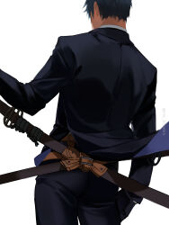 1boy absurdres black_gloves black_suit fate/grand_order fate_(series) formal_clothes from_behind gloves grey_hair highres katana ma_koneko male_focus saitou_hajime_(fate) suit sword twitter_username weapon weapon_on_back white_background
