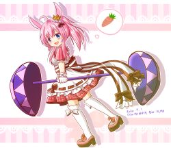 ahoge animal_ears apron black_ribbon blue_eyes boots carrot character_name crown dated dress emil_chronicle_online frilled_apron frills highres holding minnie_doe_alma pink_boots pink_dress pink_hair ponytail rabbit_ears rabbit_girl ribbon thighhighs white_thighhighs yanapy
