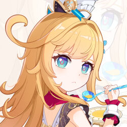 1girl blonde_hair blue_eyes chef_hat chinese_commentary closed_mouth commentary_request cowlick escoffier_(genshin_impact) genshin_impact hat holding holding_ladle ladle long_hair shi-er-shi solo soup_ladle upper_body white_background wrist_cuffs zoom_layer