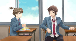 2boys absurdres bento blazer blue_jacket blue_sky brown_eyes brown_hair brown_pants chair chopsticks classroom cloud desk highres holding holding_chopsticks indoors ishiyuki jacket kita_high_school_uniform kunikida_(suzumiya_haruhi) kyon long_sleeves looking_at_another male_focus multiple_boys necktie open_mouth pants ponytail red_necktie school_chair school_desk school_uniform shirt short_hair short_ponytail sky suzumiya_haruhi_no_shoushitsu suzumiya_haruhi_no_yuuutsu talking untucked_shirt white_shirt window