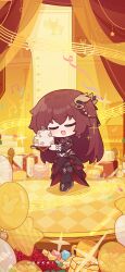 1girl :d balloon blush brown_hair cake chibi chinese_commentary closed_eyes curtains eden_(honkai_impact) english_text flower food gift highres holding holding_cake holding_food honkai_(series) honkai_impact_3rd instrument leggings long_hair music musical_note official_art official_wallpaper open_mouth piano red_flower red_rose rose singing smile solo stage stage_curtains star_(symbol) star_balloon yellow_theme