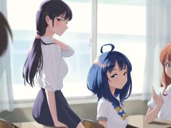 1other 3girls absurdres adjusting_hair ahoge black_hair black_skirt blue_bow blue_bowtie blue_eyes blue_hair blush boku_no_kokoro_no_yabai_yatsu bow bowtie brown_eyes brown_hair chair classroom closed_mouth collared_shirt commentary_request crossover desk highres hyakusyo69 indoors long_hair looking_at_viewer make_heroine_ga_oo_sugiru! medium_hair multiple_girls on_chair on_table pleated_skirt profile school_chair school_desk school_uniform sekine_moeko shirt sitting skirt smug summer_uniform table tsuwabuki_high_school_uniform white_shirt window yamada_anna yanami_anna yellow_bow yellow_bowtie
