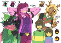 ... 1boy 2girls 2others :| androgynous animal_ears antlers armlet arms_behind_head blonde_hair bracelet brown_hair candy candy_cane closed_mouth colored_skin covered_eyes deer_antlers deer_ears deer_girl deltarune fangs food frisk_(undertale) furry furry_female furry_male goat_boy goat_ears green_hat green_robe grin hair_over_eyes hat highres holding holding_candy holding_candy_cane holding_food horns jewelry kris_(deltarune) long_hair multiple_girls multiple_others multiple_views music musical_note noelle_holiday open_mouth own_hands_clasped own_hands_together pink_scarf pink_skin purple_hair purple_shirt robe scarf shaded_face shared_speech_bubble sharp_teeth shirt short_hair simple_background singing smile speech_bubble spiked_armlet spiked_bracelet spikes spoken_ellipsis susie_(deltarune) teeth ttudolee undertale white_background