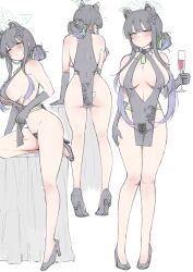 1girl absurdres alternate_costume alternate_hairstyle animal_ears areola_slip arm_support ass backboob bare_shoulders black_dress black_hair blue_archive breasts breasts_apart center_opening champagne_flute china_dress chinese_clothes cleavage cleavage_cutout clothes_lift clothing_cutout condom condom_wrapper covered_navel cup dress drinking_glass drunk elbow_gloves gloves green_eyes halo hand_on_own_thigh high_heels highres holding holding_cup large_breasts lifting_own_clothes long_hair looking_at_viewer nanashi_(pixiv_98920795) neck_tassel no_bra no_panties pelvic_curtain pelvic_curtain_lift pumps revealing_clothes see-through_clothes see-through_dress shun_(blue_archive) sideboob simple_background sleeveless smile tiger_ears tiptoes white_background