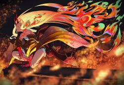 Rule 34 | 1girl, bare legs, blonde hair, fang, fate/grand order, fate (series), fiery hair, fire, floral print, highres, horns, ibaraki douji (fate), japanese clothes, kimono, long hair, non-web source, oni, squatting, tattoo, uaaaou, yellow eyes, yellow kimono