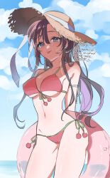 1girl :p alternate_costume arms_behind_back bare_shoulders bikini black_hair blue_sky blush breasts brown_hair cameltoe cleavage closed_mouth cloud cloudy_sky collarbone cowboy_shot dated day eyelashes front-tie_bikini_top front-tie_top genderswap genderswap_(mtf) groin hair_between_eyes halterneck hat hat_ribbon highres holding holding_swim_ring horizon innertube kimako_(kimako_8) large_breasts long_hair looking_at_viewer modao_zushi navel ocean outdoors ponytail purple_eyes red_bikini ribbon side-tie_bikini_bottom sky smile solo standing stomach straw_hat string_bikini summer sun_hat swim_ring swimsuit thighs tongue tongue_out transparent_innertube twitter_username underboob water watermark wei_wuxian white_ribbon