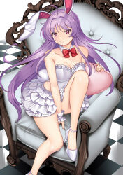 1girl ahoge alternate_costume animal_ears bare_legs bow bowtie breasts cleavage closed_mouth collarbone couch detached_collar frilled_leotard frilled_skirt frills hataraki_kuma high_heels leotard looking_at_viewer medium_breasts purple_hair rabbit_ears rabbit_girl rabbit_tail red_bow red_bowtie red_eyes reisen_udongein_inaba sitting skirt smile solo strapless strapless_leotard strappy_heels tail touhou white_leotard white_skirt white_wrist_cuffs wrist_cuffs