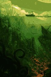 absurdres architecture boat building cloud dredge_(video_game) fantasy fish giant_squid glowing green_theme hby_stuff highres landscape lava lighthouse no_humans ocean original outdoors partially_underwater_shot rock ruins scenery shark shipwreck sky smiley_face spotlight tentacles tugboat underwater_city underwater_ruins very_wide_shot watercraft