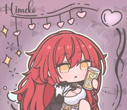1girl artist_name black_bag black_gloves breasts character_name chibi chibi_only cleavage commentary cup futaba_(anti_clockwise) gloves heart himeko_(honkai:_star_rail) holding holding_cup honkai:_star_rail honkai_(series) ice ice_cube large_breasts long_hair red_hair single_glove solo symbol-only_commentary translation_request very_long_hair yellow_eyes