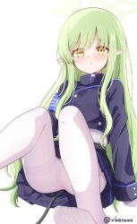 1girl :o armband baram black_jacket blue_archive blue_armband blush commentary_request green_hair green_halo halo highres hikari_(blue_archive) jacket loli long_hair long_sleeves looking_at_viewer no_headwear no_shoes pantyhose pointy_ears sidelocks simple_background soles solo toes twitter_username very_long_hair white_background white_pantyhose yellow_eyes