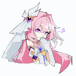 Rule 34 | 1girl, bare shoulders, breasts, closed mouth, commentary, cropped torso, diamond-shaped pupils, diamond (shape), elysia (herrscher of human: ego) (honkai impact), elysia (honkai impact), gloves, hair intakes, hair ornament, hand up, highres, honkai (series), honkai impact 3rd, large breasts, long hair, looking at viewer, mi (27782900), musical note, pink hair, purple eyes, simple background, smile, solo, symbol-shaped pupils, veil, white background, white gloves, white veil