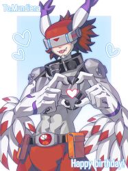 Rule 34 | 1boy, animal ears, belt, blue background, brown hair, chinese commentary, claws, collar, commentary request, confeito000 333, cowboy shot, digimon, digimon (creature), facing viewer, fang, gift art, happy birthday, head-mounted display, heart, heart hands, highres, male focus, monster boy, short hair, silphymon, simple background, solo, toned, toned male, tongue, tongue out