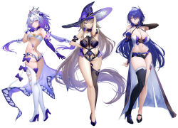 Rule 34 | 3girls, ;), acheron (honkai: star rail), adapted costume, alternate costume, arm strap, arm up, armpit crease, armpits, ascot, ass, asymmetrical gloves, bare shoulders, bikini, black choker, black shorts, black tiara, blush, boots, breasts, brown hair, butt crack, castorice (honkai: star rail), choker, cleavage, closed mouth, clothing cutout, coattails, collarbone, commentary request, crossed legs, detached collar, elbow gloves, fingerless gloves, flower, from side, full body, gloves, grey thighhighs, groin, hair between eyes, hair flower, hair ornament, half gloves, halterneck, hand on own hip, hand up, hat, hat flower, herta (honkai: star rail), high heel boots, high heels, highres, honkai: star rail, honkai (series), keyhole, large breasts, large hat, leg tattoo, long hair, looking at viewer, medium breasts, mismatched gloves, multiple girls, navel, one eye closed, pleated skirt, pointy ears, purple bikini, purple eyes, purple flower, purple gloves, purple hair, purple hat, purple shoes, purple skirt, shoes, short shorts, shorts, showgirl skirt, side cutout, sidelocks, simple background, single thigh boot, single thighhigh, skindentation, skirt, smile, stomach, swimsuit, tachi-e, tattoo, the herta (honkai: star rail), thigh boots, thighhighs, thighs, tiara, tongue, tongue out, very long hair, watson cross, white ascot, white background, white bikini, white boots, witch, witch hat, xfate