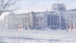 bare_tree building bungou_to_alchemist bush cloud dome lamppost no_humans official_art outdoors road scenery snow snowing stairs street third-party_source tree winter