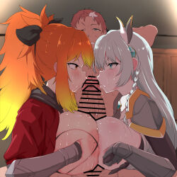 1boy 2girls allucia_citrus bar_censor beryl_gardernant blush breast_press breasts censored clothed_female_nude_male clothed_sex completely_nude cooperative_paizuri erection ffm_threesome grabbing_own_breast gradient_hair green_eyes grey_hair group_sex huge_penis katainaka_no_ossan_kensei_ni_naru kiss kissing_penis long_hair looking_at_viewer multicolored_hair multiple_girls nude open_mouth orange_eyes orange_hair paizuri penis ponytail pt serious surena_lysandra teamwork_(sexual) testicles threesome veins veiny_penis