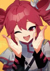 1girl ahoge belt black_belt bow commentary_request drill_hair fin_gocco grey_jacket hair_between_eyes hair_bow hair_ribbon hands_up highres jacket kasane_teto kasane_teto_(sv) layered_sleeves one_eye_closed open_mouth red_eyes red_hair red_trim ribbon shoulder_belt shoulder_boards simple_background solo striped_clothes striped_jacket synthesizer_v twin_drills utau white_bow white_ribbon yellow_background