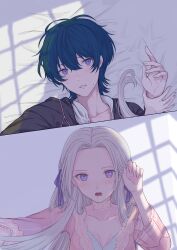 Rule 34 | 1boy, 1girl, alternate costume, artist request, bad id, bad pixiv id, blonde hair, blue eyes, blush, breasts, choker, cleavage, collarbone, couple, edelgard von hresvelg, fire emblem, fire emblem: three houses, from above, from below, girl on top, green hair, hair between eyes, hair ribbon, hand on another&#039;s wrist, head tilt, hetero, highres, long hair, long sleeves, looking at viewer, looking up, lying, male byleth (fire emblem), nervous sweating, nightgown, nintendo, on back, on bed, open mouth, pajamas, parted lips, pinned, pov, purple eyes, purple ribbon, ribbon, shade, shadow, short hair, sweat, wide sleeves, window shadow
