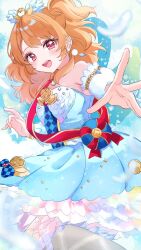 1girl :d aikatsu! aikatsu!_(series) bare_shoulders blue_dress blue_sleeves detached_sleeves dot_nose dress earrings feathers hair_ornament highres jewelry long_hair looking_at_viewer looking_to_the_side medium_dress one_side_up open_mouth orange_hair ozora_akari reaching reaching_towards_viewer red_eyes sleeveless sleeveless_dress smile solo sparkle spread_fingers standing strapless strapless_dress teeth twitter_username upper_teeth_only urara_31_e