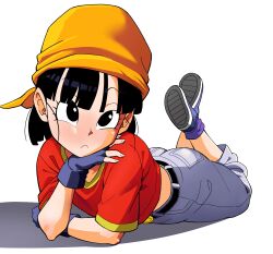 Rule 34 | 1girl, absurdres, bandana, belt, black belt, black eyes, black hair, blunt bangs, commentary request, denim, dragon ball, dragon ball gt, fingerless gloves, frown, full body, gloves, godvore, hair behind ear, highres, jeans, lying, on stomach, orange bandana, outside border, pan (dragon ball), pants, purple pants, purple socks, red shirt, shirt, socks, solo, the pose