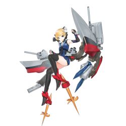 1girl aqua_eyes artist_request black_gloves black_neckerchief black_shorts black_thighhighs blonde_hair blue_dress blue_sailor_collar breasts charles_f._adams_(warship_girls_r) dress elbow_gloves full_body gloves headgear highres looking_at_viewer missile neckerchief official_art propeller_footwear rigging sailor_collar short_hair shorts shorts_under_dress small_breasts solo thighhighs transparent_background warship_girls_r