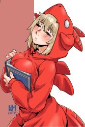 1girl 54kmlikeuniform animal_costume blonde_hair blush boobs_in_book_(meme) book breasts closed_eyes cowboy_shot dragon_costume dungeon_meshi falin_touden falin_touden_(tallman) highres hood hood_up hoodie large_breasts meme onesie pursed_lips red_background solo white_background