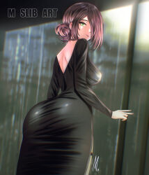 1girl absurdres backless_dress backless_outfit black_dress breasts chainsaw_man cleavage curvy dress highres indoors light_rays long_sleeves looking_back m_slib_art non-web_source rain reflection reze_(chainsaw_man) self-upload standing sunbeam sunlight wide_hips window