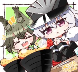 2girls animal_ear_fluff animal_ears azur_lane black_coat black_hat chibi chopsticks closed_eyes coat food graf_zeppelin_(azur_lane) hat kado_(hametunoasioto) long_sleeves matsukaze_(azur_lane) multiple_girls notice_lines open_mouth peaked_cap shrimp shrimp_tempura signature smile sparkle tempura white_hair