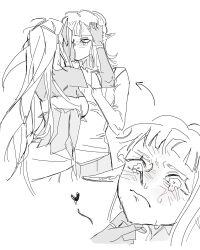 2girls bracelet cithis crying crying_with_eyes_open dark-skinned_female dark_skin dungeon_meshi elf hand_on_another&#039;s_chin heart highres jewelry kazari_2001 kiss long_hair medium_hair monochrome multiple_girls pattadol pointy_ears sketch tears yuri